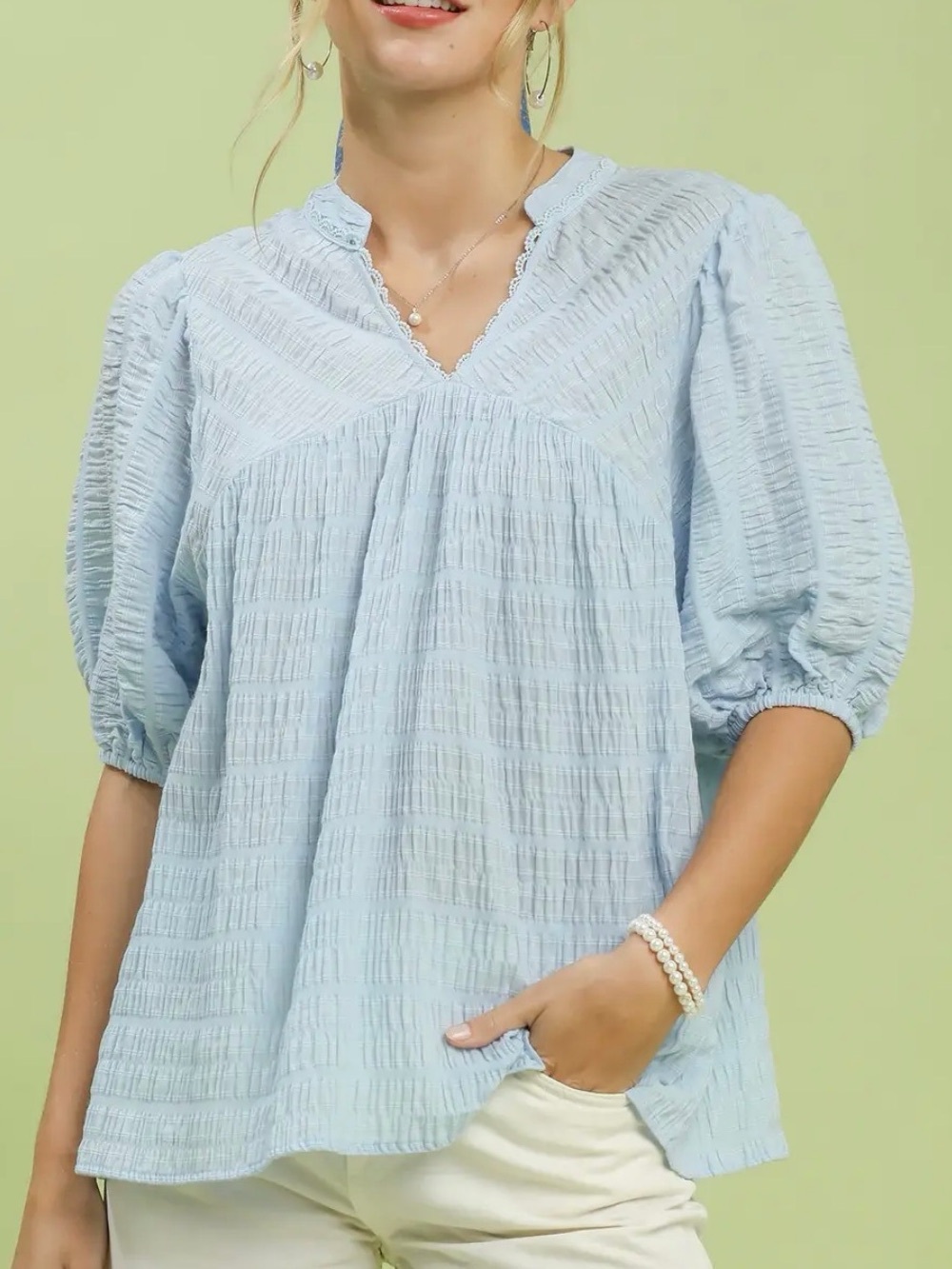 🩵 Umgee Textured Puff Sleeve Boho Blouse - Lt Blue
